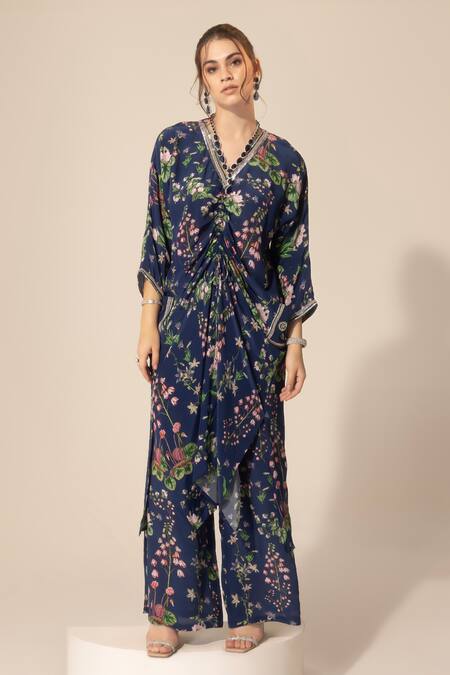 Sakshi Girri_Blue Crepe Sequins, Stones V-neck Printed Kaftan And Pant Set _at_Aza_Fashions