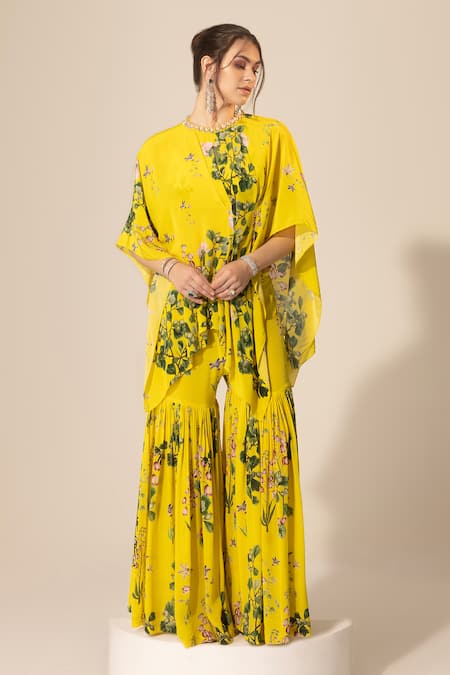 Sakshi Girri Yellow Crepe Printed Botanical Round Pattern Cape And Sharara Set 