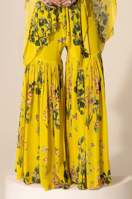 SAKSHI GIRRI Yellow Crepe Sequins, Beads Botanical Pattern Cape And Sharara Set Online at Aza Fashions SAKSHI GIRRI_Yellow Crepe Sequins, Beads Botanical Pattern Cape And Sharara Set_Online_at_Aza_Fashions