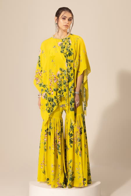 Buy SAKSHI GIRRI Yellow Crepe Sequins, Beads Botanical Pattern Cape And Sharara Set Online at Aza Fashions Buy_SAKSHI GIRRI_Yellow Crepe Sequins, Beads Botanical Pattern Cape And Sharara Set_Online_at_Aza_Fashions
