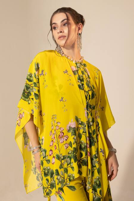 Shop SAKSHI GIRRI Yellow Crepe Sequins, Beads Botanical Pattern Cape And Sharara Set Online at Aza Fashions Shop_SAKSHI GIRRI_Yellow Crepe Sequins, Beads Botanical Pattern Cape And Sharara Set_Online_at_Aza_Fashions