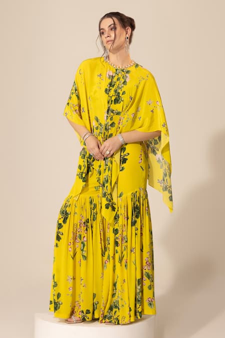 SAKSHI GIRRI Yellow Crepe Sequins, Beads Botanical Pattern Cape And Sharara Set at Aza Fashions SAKSHI GIRRI_Yellow Crepe Sequins, Beads Botanical Pattern Cape And Sharara Set_at_Aza_Fashions