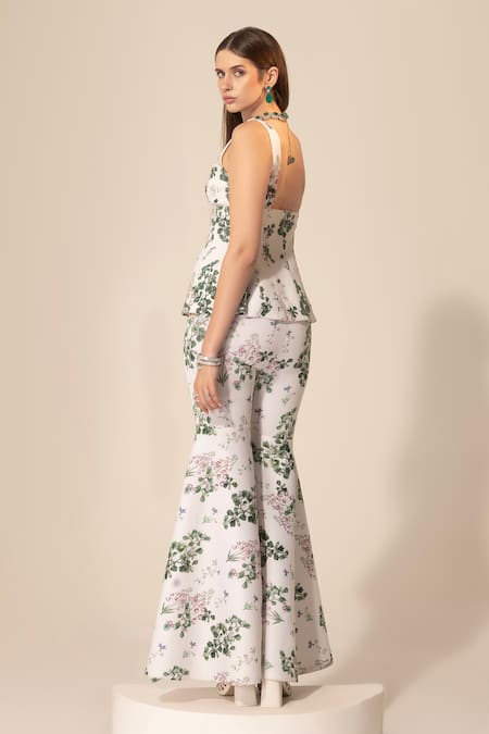 Shop SAKSHI GIRRI White Polyester Sequins, Beads, Stones Botanical Print Peplum Top And Sharara Set at Aza Fashions Shop_SAKSHI GIRRI_White Polyester Sequins, Beads, Stones Botanical Print Peplum Top And Sharara Set_at_Aza_Fashions