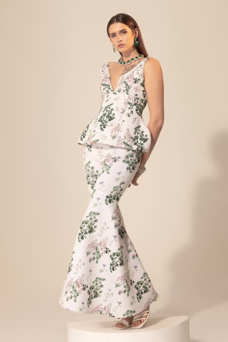 SAKSHI GIRRI White Polyester Sequins, Beads, Stones Botanical Print Peplum Top And Sharara Set Online at Aza Fashions SAKSHI GIRRI_White Polyester Sequins, Beads, Stones Botanical Print Peplum Top And Sharara Set_Online_at_Aza_Fashions