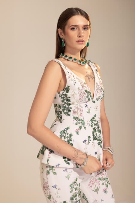 Buy SAKSHI GIRRI White Polyester Sequins, Beads, Stones Botanical Print Peplum Top And Sharara Set Online at Aza Fashions Buy_SAKSHI GIRRI_White Polyester Sequins, Beads, Stones Botanical Print Peplum Top And Sharara Set_Online_at_Aza_Fashions