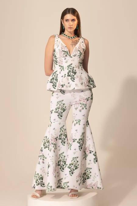 Shop SAKSHI GIRRI White Polyester Sequins, Beads, Stones Botanical Print Peplum Top And Sharara Set Online at Aza Fashions Shop_SAKSHI GIRRI_White Polyester Sequins, Beads, Stones Botanical Print Peplum Top And Sharara Set_Online_at_Aza_Fashions