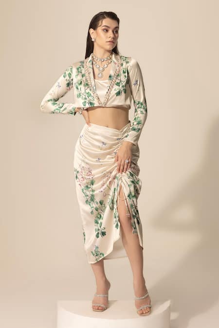 Sakshi Girri Ivory Stretch Satin Printed Botanical Shawl Lapel Blazer And Skirt Set 