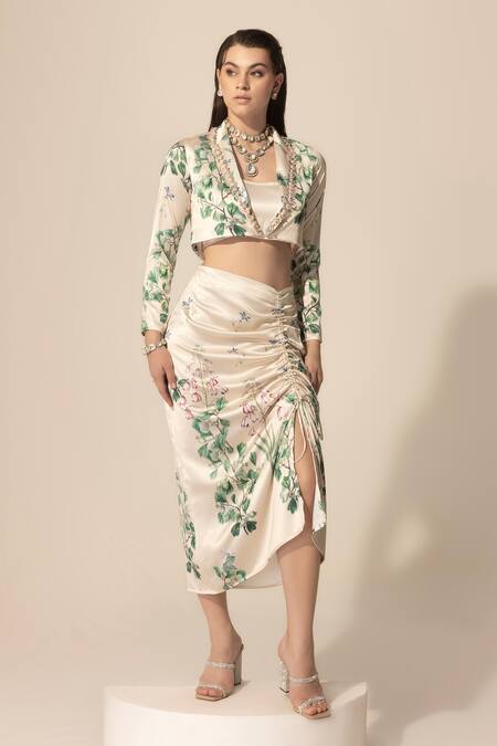 Shop SAKSHI GIRRI Ivory Satin Sequins, Beads, Stones Botanical Print Blazer And Skirt Set Online at Aza Fashions Shop_SAKSHI GIRRI_Ivory Satin Sequins, Beads, Stones Botanical Print Blazer And Skirt Set_Online_at_Aza_Fashions