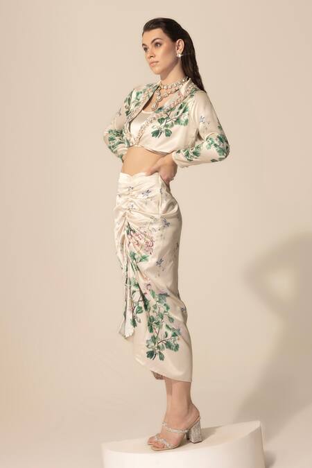 Buy SAKSHI GIRRI Ivory Satin Sequins, Beads, Stones Botanical Print Blazer And Skirt Set Buy_SAKSHI GIRRI_Ivory Satin Sequins, Beads, Stones Botanical Print Blazer And Skirt Set