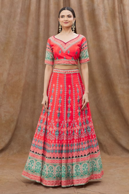 Naintara Bajaj Red Chiffon, Georgette Embroidery Mughal Print Lehenga Set Online at Aza Fashions Naintara Bajaj_Red Chiffon, Georgette Embroidery Mughal Print Lehenga Set _Online_at_Aza_Fashions