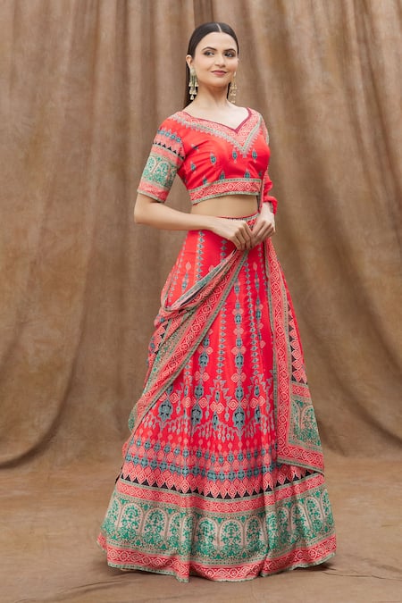 Buy Naintara Bajaj Red Chiffon, Georgette Embroidery Mughal Print Lehenga Set Online at Aza Fashions Buy_Naintara Bajaj_Red Chiffon, Georgette Embroidery Mughal Print Lehenga Set _Online_at_Aza_Fashions