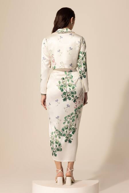 Shop SAKSHI GIRRI Beige Satin Sequins, Beads, Stones Botanical Pattern Blazer And Skirt Set at Aza Fashions Shop_SAKSHI GIRRI_Beige Satin Sequins, Beads, Stones Botanical Pattern Blazer And Skirt Set_at_Aza_Fashions