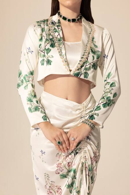 Buy SAKSHI GIRRI Beige Satin Sequins, Beads, Stones Botanical Pattern Blazer And Skirt Set Online at Aza Fashions Buy_SAKSHI GIRRI_Beige Satin Sequins, Beads, Stones Botanical Pattern Blazer And Skirt Set_Online_at_Aza_Fashions