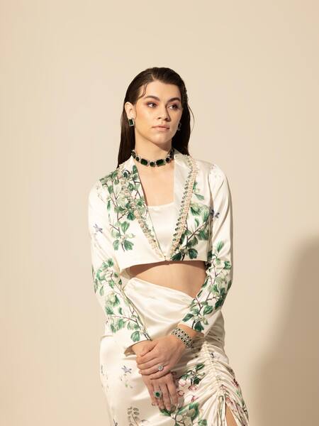 SAKSHI GIRRI Beige Satin Sequins, Beads, Stones Botanical Pattern Blazer And Skirt Set at Aza Fashions SAKSHI GIRRI_Beige Satin Sequins, Beads, Stones Botanical Pattern Blazer And Skirt Set_at_Aza_Fashions