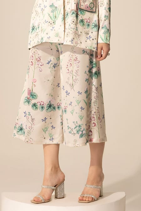 SAKSHI GIRRI Beige Satin Sequins, Beads, Stones V-neck Botanical Print Top And Culotte Pant Set Online at Aza Fashions SAKSHI GIRRI_Beige Satin Sequins, Beads, Stones V-neck Botanical Print Top And Culotte Pant Set_Online_at_Aza_Fashions