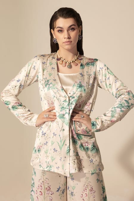 Buy SAKSHI GIRRI Beige Satin Sequins, Beads, Stones V-neck Botanical Print Top And Culotte Pant Set Online at Aza Fashions Buy_SAKSHI GIRRI_Beige Satin Sequins, Beads, Stones V-neck Botanical Print Top And Culotte Pant Set_Online_at_Aza_Fashions