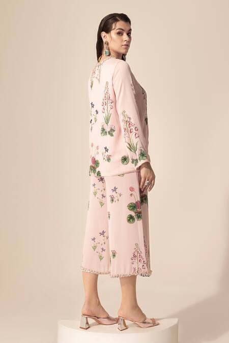Shop SAKSHI GIRRI Pink Georgette Sequins, Beads, Stones Botanical Pattern Top And Culotte Pant Set at Aza Fashions Shop_SAKSHI GIRRI_Pink Georgette Sequins, Beads, Stones Botanical Pattern Top And Culotte Pant Set_at_Aza_Fashions