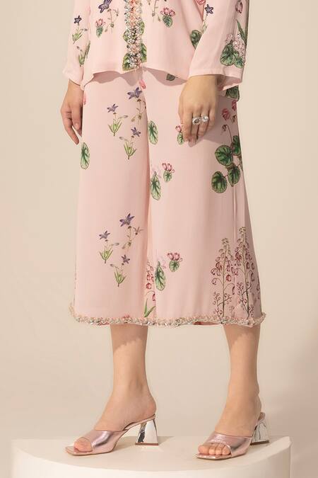 SAKSHI GIRRI Pink Georgette Sequins, Beads, Stones Botanical Pattern Top And Culotte Pant Set Online at Aza Fashions SAKSHI GIRRI_Pink Georgette Sequins, Beads, Stones Botanical Pattern Top And Culotte Pant Set_Online_at_Aza_Fashions