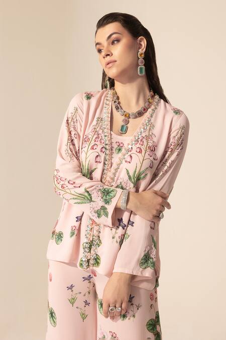 Buy SAKSHI GIRRI Pink Georgette Sequins, Beads, Stones Botanical Pattern Top And Culotte Pant Set Online at Aza Fashions Buy_SAKSHI GIRRI_Pink Georgette Sequins, Beads, Stones Botanical Pattern Top And Culotte Pant Set_Online_at_Aza_Fashions