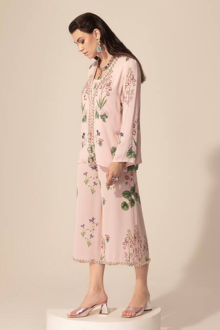 Shop SAKSHI GIRRI Pink Georgette Sequins, Beads, Stones Botanical Pattern Top And Culotte Pant Set Online at Aza Fashions Shop_SAKSHI GIRRI_Pink Georgette Sequins, Beads, Stones Botanical Pattern Top And Culotte Pant Set_Online_at_Aza_Fashions