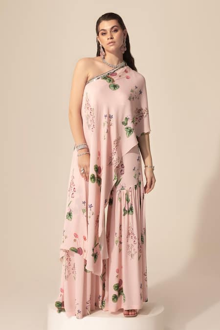 Sakshi Girri Pink Double Georgette Printed Botanical One Shoulder Tunic And Sharara Set 