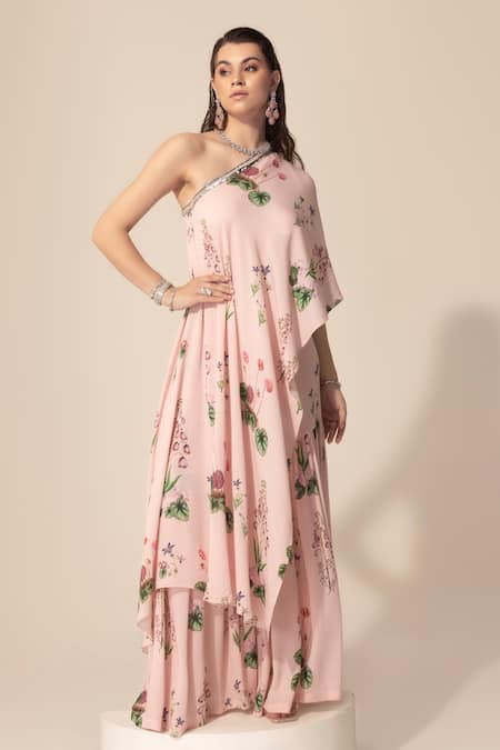 SAKSHI GIRRI Pink Georgette Sequins, Stones One Shoulder Botanical Print Tunic And Sharara Set Online at Aza Fashions SAKSHI GIRRI_Pink Georgette Sequins, Stones One Shoulder Botanical Print Tunic And Sharara Set_Online_at_Aza_Fashions