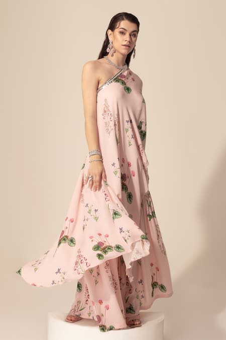 Buy SAKSHI GIRRI Pink Georgette Sequins, Stones One Shoulder Botanical Print Tunic And Sharara Set Online at Aza Fashions Buy_SAKSHI GIRRI_Pink Georgette Sequins, Stones One Shoulder Botanical Print Tunic And Sharara Set_Online_at_Aza_Fashions