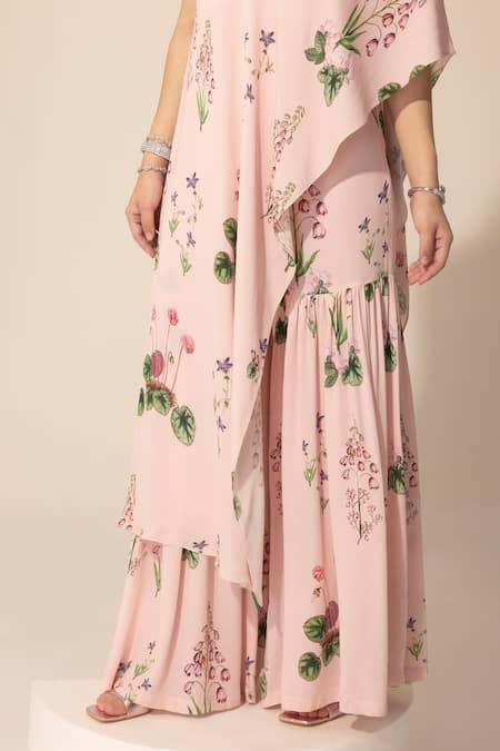 Shop SAKSHI GIRRI Pink Georgette Sequins, Stones One Shoulder Botanical Print Tunic And Sharara Set Online at Aza Fashions Shop_SAKSHI GIRRI_Pink Georgette Sequins, Stones One Shoulder Botanical Print Tunic And Sharara Set_Online_at_Aza_Fashions