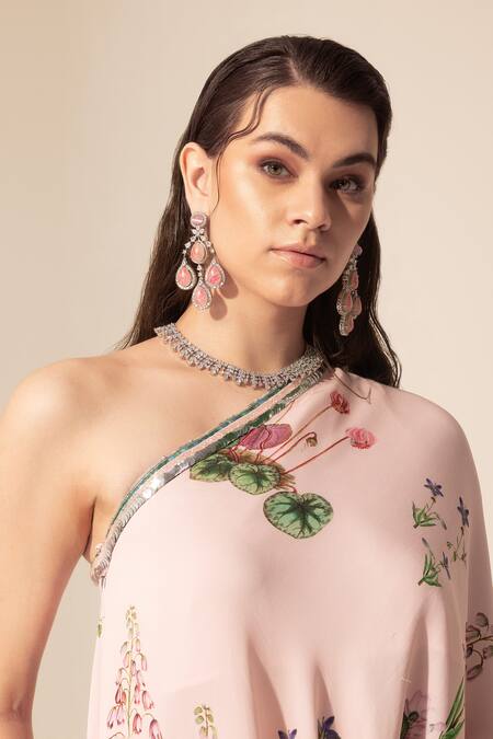 SAKSHI GIRRI Pink Georgette Sequins, Stones One Shoulder Botanical Print Tunic And Sharara Set at Aza Fashions SAKSHI GIRRI_Pink Georgette Sequins, Stones One Shoulder Botanical Print Tunic And Sharara Set_at_Aza_Fashions