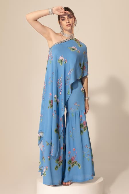 Sakshi Girri Botanical Pattern One-Shoulder Tunic & Sharara Set 