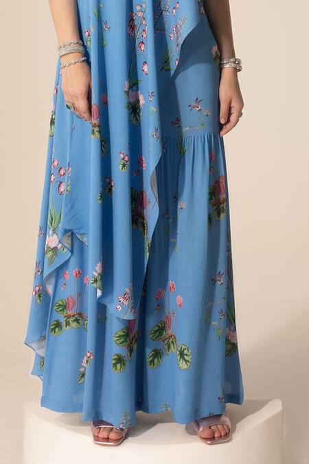 SAKSHI GIRRI_Blue Georgette Sequins, Beads, Stones One Botanical Pattern Tunic And Sharara Set_Online_at_Aza_Fashions