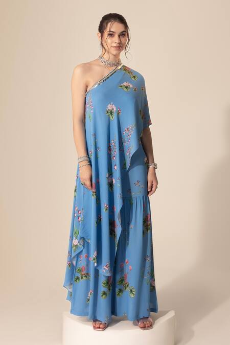Buy_SAKSHI GIRRI_Blue Georgette Sequins, Beads, Stones One Botanical Pattern Tunic And Sharara Set_Online_at_Aza_Fashions