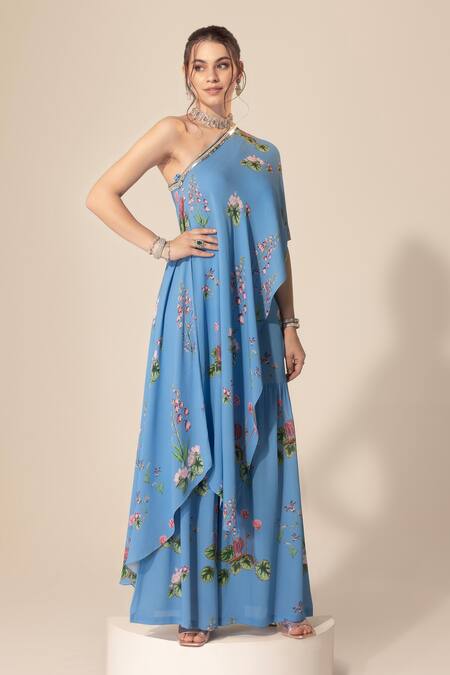 Shop_SAKSHI GIRRI_Blue Georgette Sequins, Beads, Stones One Botanical Pattern Tunic And Sharara Set_Online_at_Aza_Fashions
