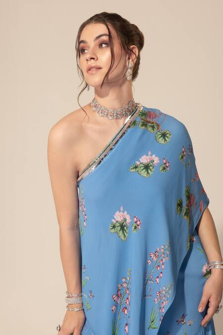 SAKSHI GIRRI_Blue Georgette Sequins, Beads, Stones One Botanical Pattern Tunic And Sharara Set_at_Aza_Fashions