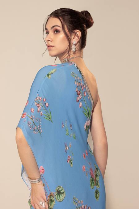 Buy_SAKSHI GIRRI_Blue Georgette Sequins, Beads, Stones One Botanical Pattern Tunic And Sharara Set