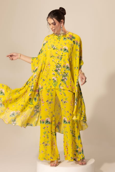 Sakshi Girri Yellow Crepe Printed Botanical Round Cape And Bell Bottom Pant Set 