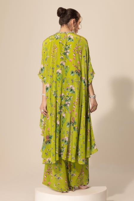 Shop SAKSHI GIRRI Green Crepe Sequins Botanical Pattern Cape And Bell Bottom Pant Set at Aza Fashions Shop_SAKSHI GIRRI_Green Crepe Sequins Botanical Pattern Cape And Bell Bottom Pant Set_at_Aza_Fashions