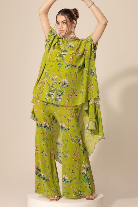 SAKSHI GIRRI Green Crepe Sequins Botanical Pattern Cape And Bell Bottom Pant Set Online at Aza Fashions SAKSHI GIRRI_Green Crepe Sequins Botanical Pattern Cape And Bell Bottom Pant Set_Online_at_Aza_Fashions