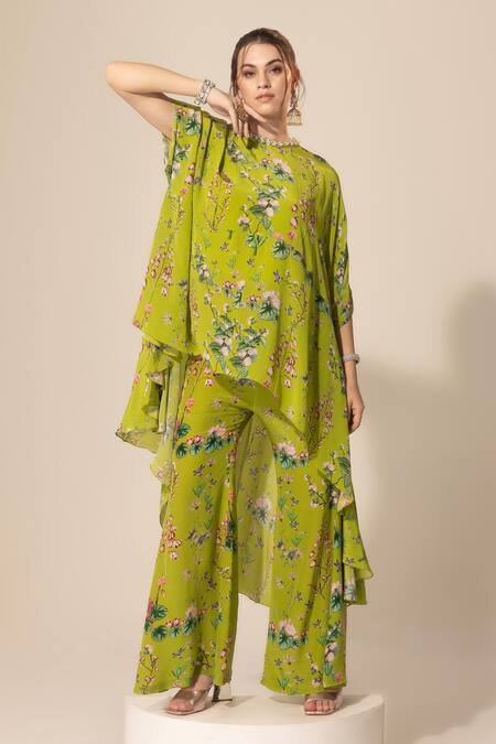 Shop SAKSHI GIRRI Green Crepe Sequins Botanical Pattern Cape And Bell Bottom Pant Set Online at Aza Fashions Shop_SAKSHI GIRRI_Green Crepe Sequins Botanical Pattern Cape And Bell Bottom Pant Set_Online_at_Aza_Fashions