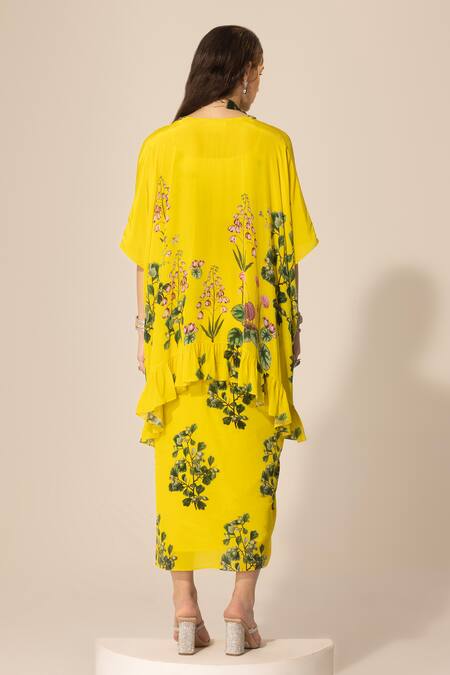 Shop SAKSHI GIRRI Yellow Crepe Embroidery, Beads, Sequins Botanical Print Short Kaftan And Skirt Set at Aza Fashions Shop_SAKSHI GIRRI_Yellow Crepe Embroidery, Beads, Sequins Botanical Print Short Kaftan And Skirt Set_at_Aza_Fashions