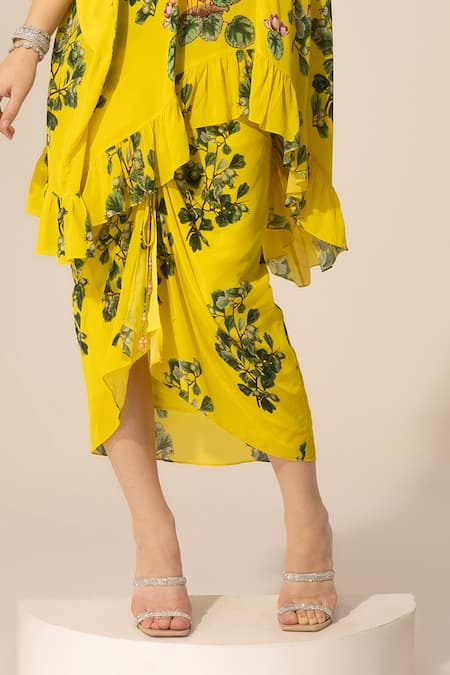 SAKSHI GIRRI Yellow Crepe Embroidery, Beads, Sequins Botanical Print Short Kaftan And Skirt Set Online at Aza Fashions SAKSHI GIRRI_Yellow Crepe Embroidery, Beads, Sequins Botanical Print Short Kaftan And Skirt Set_Online_at_Aza_Fashions