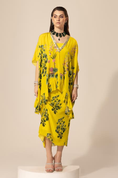 Buy SAKSHI GIRRI Yellow Crepe Embroidery, Beads, Sequins Botanical Print Short Kaftan And Skirt Set Online at Aza Fashions Buy_SAKSHI GIRRI_Yellow Crepe Embroidery, Beads, Sequins Botanical Print Short Kaftan And Skirt Set_Online_at_Aza_Fashions