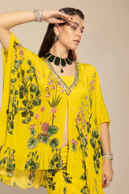 Shop SAKSHI GIRRI Yellow Crepe Embroidery, Beads, Sequins Botanical Print Short Kaftan And Skirt Set Online at Aza Fashions Shop_SAKSHI GIRRI_Yellow Crepe Embroidery, Beads, Sequins Botanical Print Short Kaftan And Skirt Set_Online_at_Aza_Fashions