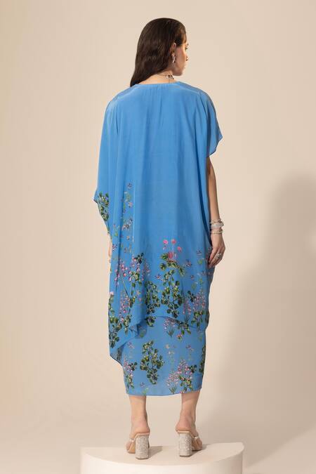 Shop SAKSHI GIRRI Blue Crepe Sequins, Beads V-neck Botanical Print Kaftan And Skirt Set at Aza Fashions Shop_SAKSHI GIRRI_Blue Crepe Sequins, Beads V-neck Botanical Print Kaftan And Skirt Set_at_Aza_Fashions