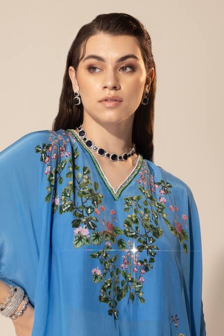 SAKSHI GIRRI Blue Crepe Sequins, Beads V-neck Botanical Print Kaftan And Skirt Set Online at Aza Fashions SAKSHI GIRRI_Blue Crepe Sequins, Beads V-neck Botanical Print Kaftan And Skirt Set_Online_at_Aza_Fashions