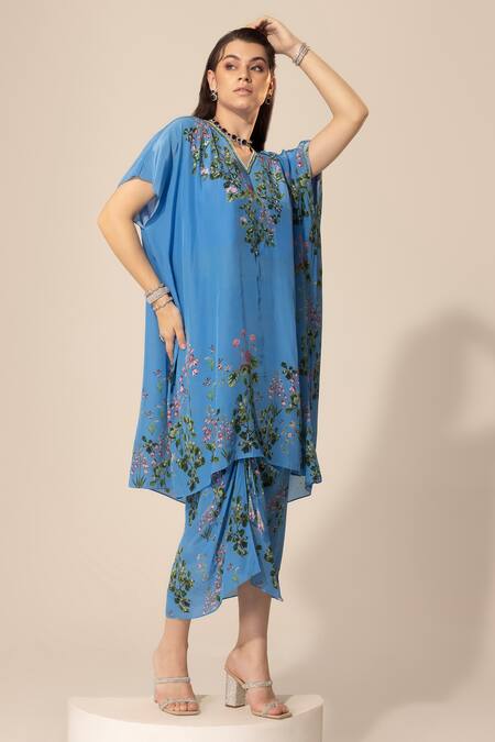 Buy SAKSHI GIRRI Blue Crepe Sequins, Beads V-neck Botanical Print Kaftan And Skirt Set Online at Aza Fashions Buy_SAKSHI GIRRI_Blue Crepe Sequins, Beads V-neck Botanical Print Kaftan And Skirt Set_Online_at_Aza_Fashions