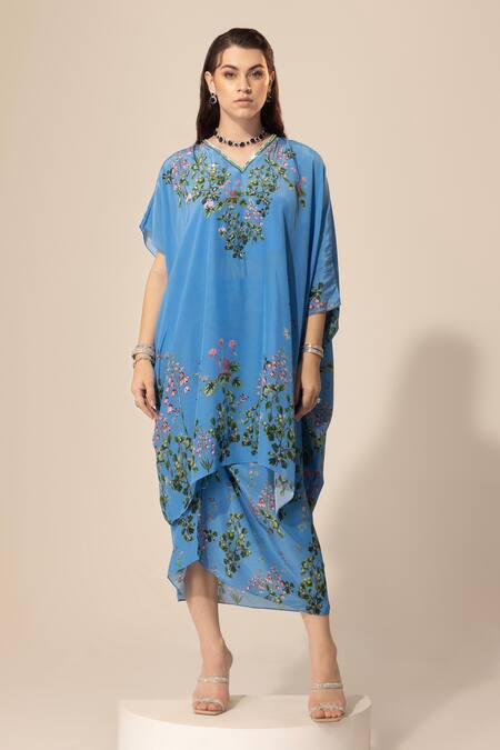 Shop SAKSHI GIRRI Blue Crepe Sequins, Beads V-neck Botanical Print Kaftan And Skirt Set Online at Aza Fashions Shop_SAKSHI GIRRI_Blue Crepe Sequins, Beads V-neck Botanical Print Kaftan And Skirt Set_Online_at_Aza_Fashions