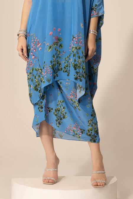 SAKSHI GIRRI Blue Crepe Sequins, Beads V-neck Botanical Print Kaftan And Skirt Set at Aza Fashions SAKSHI GIRRI_Blue Crepe Sequins, Beads V-neck Botanical Print Kaftan And Skirt Set_at_Aza_Fashions