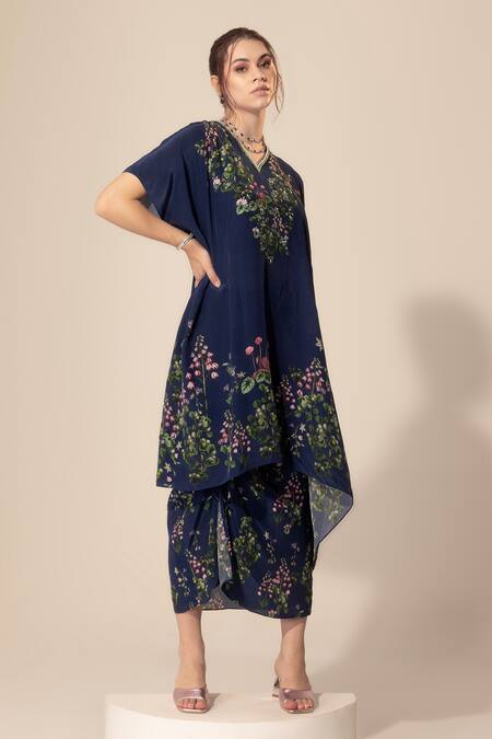 Buy_SAKSHI GIRRI_Blue Crepe Sequins, Beads, Stones V-neck Botanical Pattern Kaftan And Skirt Set_Online_at_Aza_Fashions