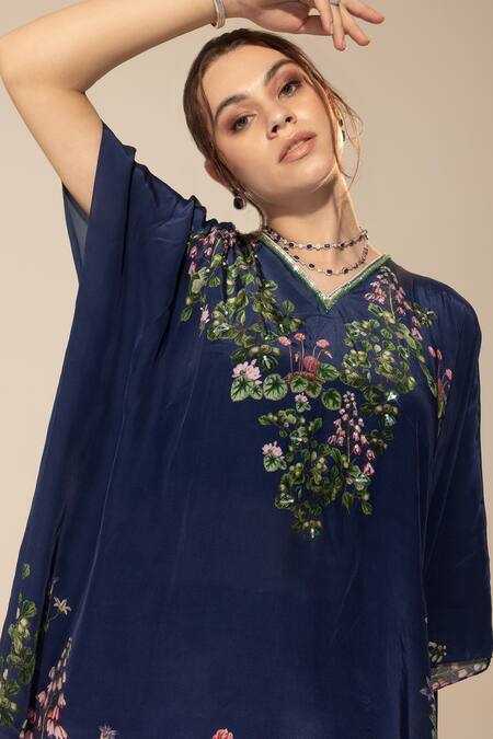 Shop_SAKSHI GIRRI_Blue Crepe Sequins, Beads, Stones V-neck Botanical Pattern Kaftan And Skirt Set_Online_at_Aza_Fashions